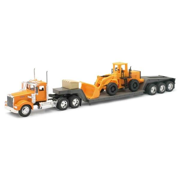 New-Ray Toys Kenworth W900 Lowboy with Construction Wheel Loader Long Hauler Toy Truck, 6PK 10623